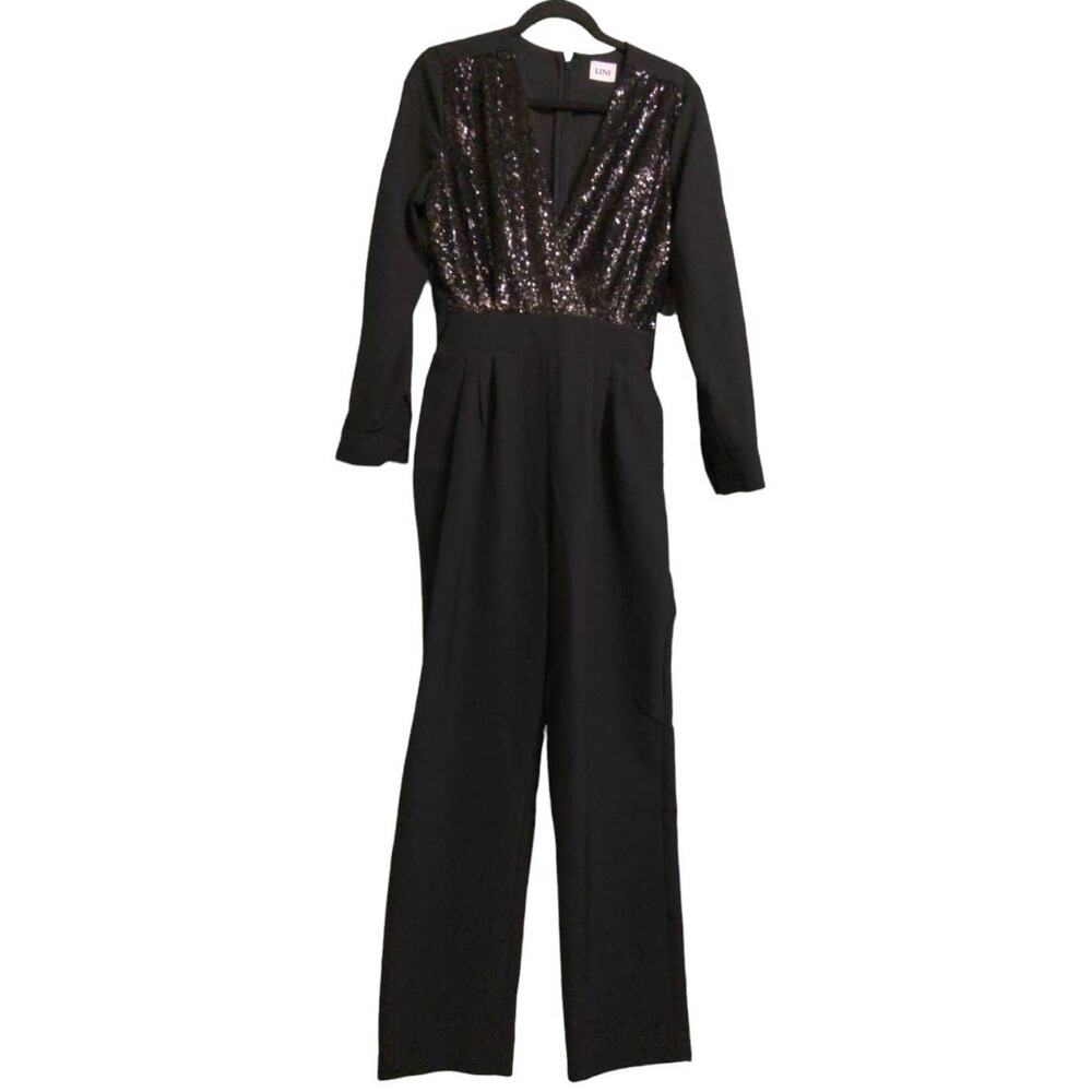 Lini Womens Jumpsuit Black Smocked Surplice Neck Long Sleeve Sequin Zipper M New